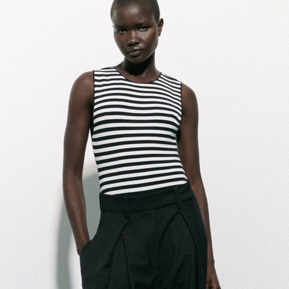 Zara Stretch Knit Halter Cut Out Stripped Black and White Bodysuit